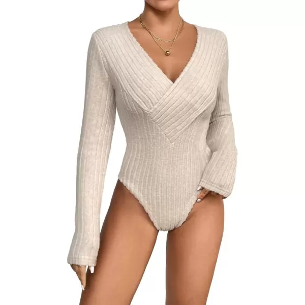 SweatyRocks Women's Long Sleeve Bodysuit Tops Wrap V Neck Ribbed Knit Jumpsuit