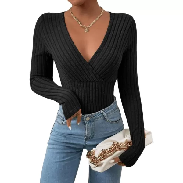 SweatyRocks Women's Long Sleeve Bodysuit Tops Wrap V Neck Ribbed Knit Jumpsuit