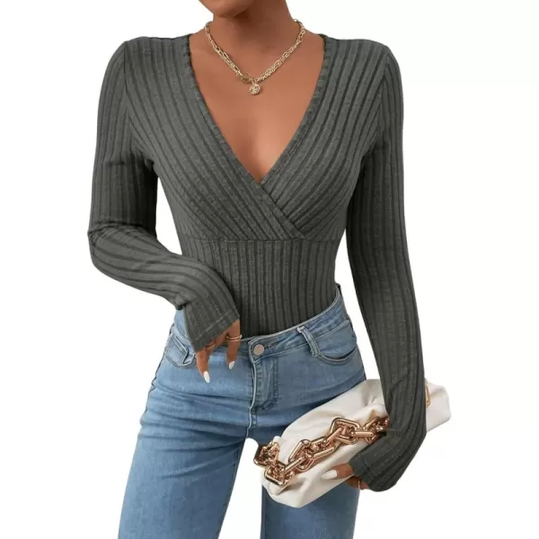 SweatyRocks Women's Long Sleeve Bodysuit Tops Wrap V Neck Ribbed Knit Jumpsuit