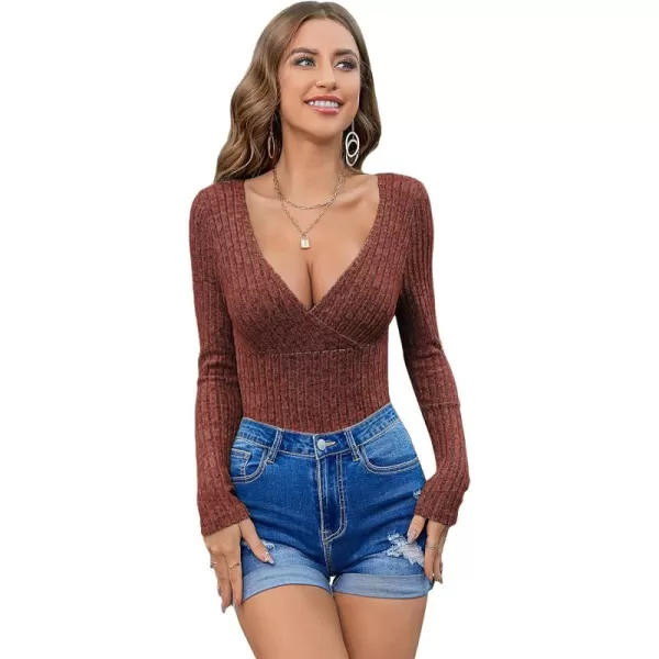 SweatyRocks Women's Long Sleeve Bodysuit Tops Wrap V Neck Ribbed Knit Jumpsuit