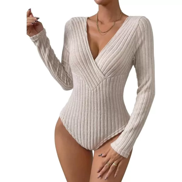 SweatyRocks Women's Long Sleeve Bodysuit Tops Wrap V Neck Ribbed Knit Jumpsuit