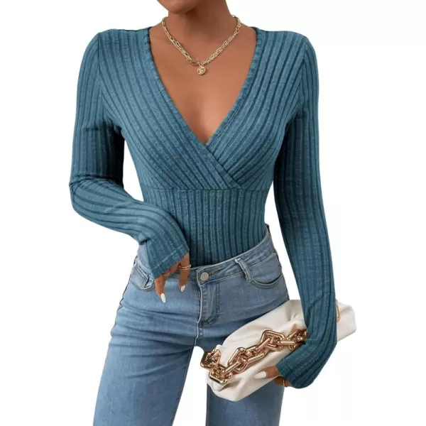 SweatyRocks Women's Long Sleeve Bodysuit Tops Wrap V Neck Ribbed Knit Jumpsuit