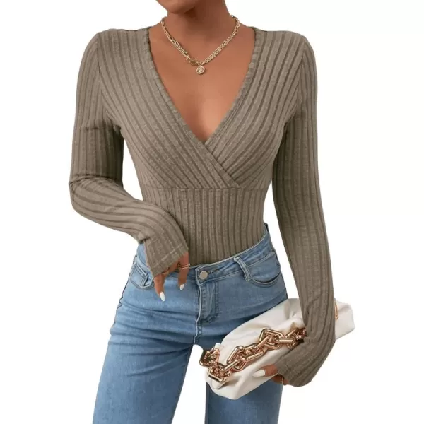 SweatyRocks Women's Long Sleeve Bodysuit Tops Wrap V Neck Ribbed Knit Jumpsuit
