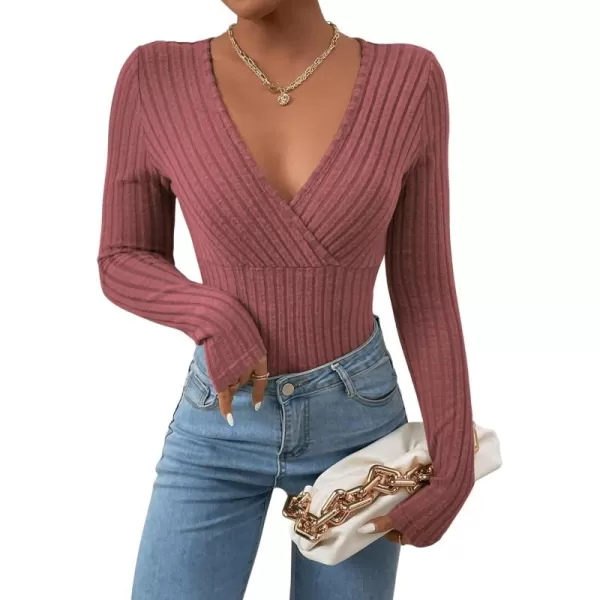 SweatyRocks Women's Long Sleeve Bodysuit Tops Wrap V Neck Ribbed Knit Jumpsuit