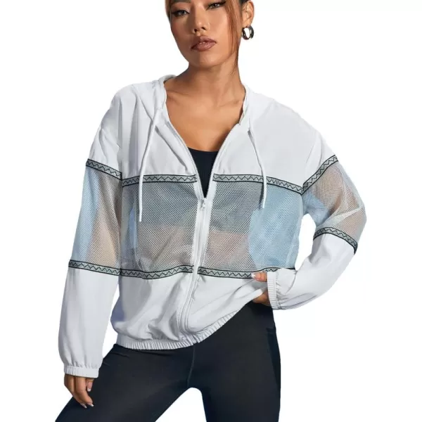 SweatyRocks Women's Long Sleeve Drawstring Activewear Hooded Contrast Mesh Zip Up Sports Jacket Coat