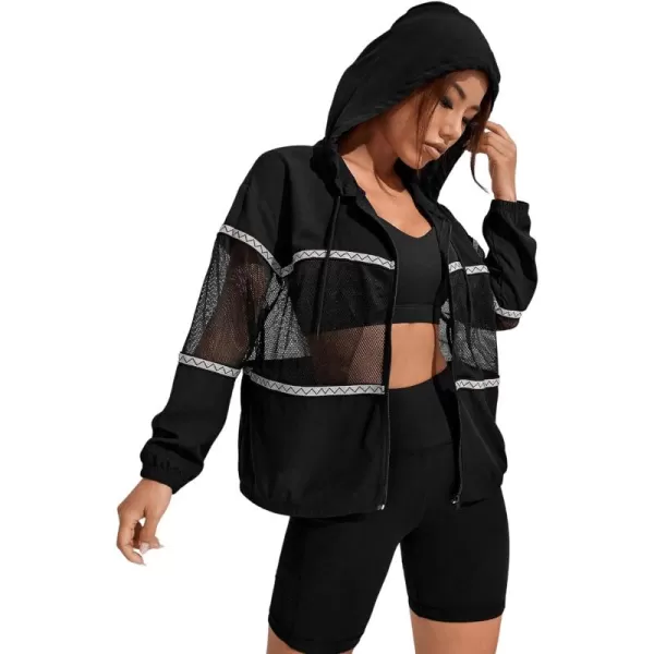 SweatyRocks Women's Long Sleeve Drawstring Activewear Hooded Contrast Mesh Zip Up Sports Jacket Coat