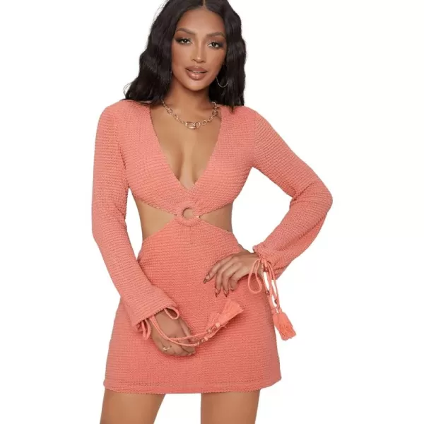 SweatyRocks Women's Long Sleeve Drawstring Cuff Cutout Ring Bodycon Mini Dress