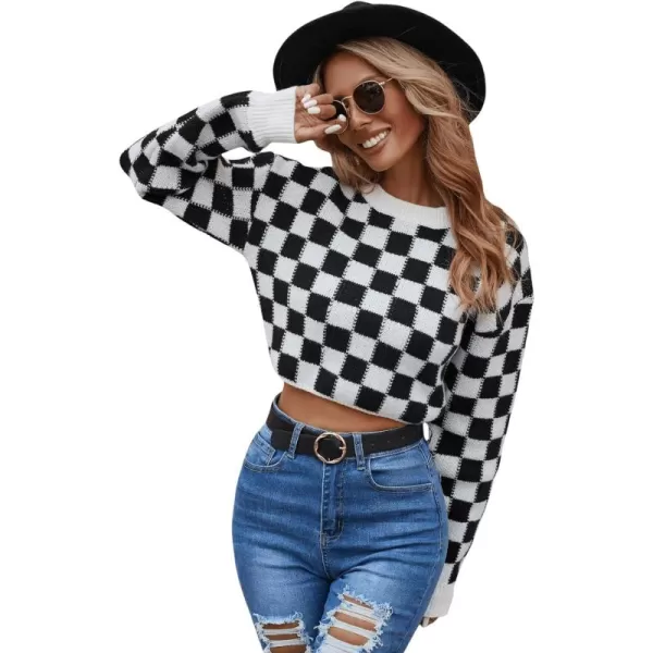 SweatyRocks Women's Long Sleeve Drop Shoulder Top Checkered Print Pattern Pullover Crop Sweater