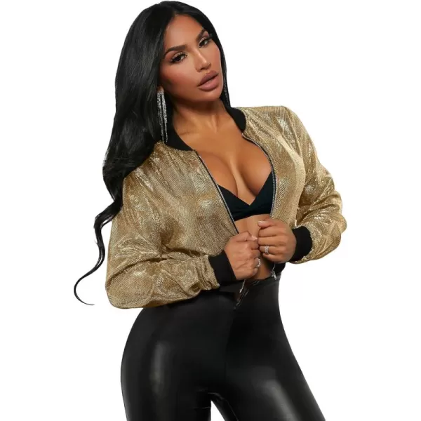 SweatyRocks Women's Long Sleeve Glitter Zip Up Bomber Jacket Party Metallic Crop Coat