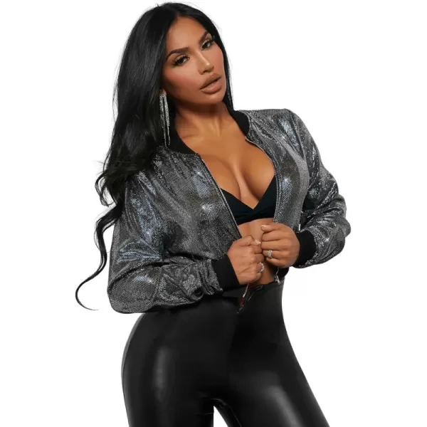 SweatyRocks Women's Long Sleeve Glitter Zip Up Bomber Jacket Party Metallic Crop Coat