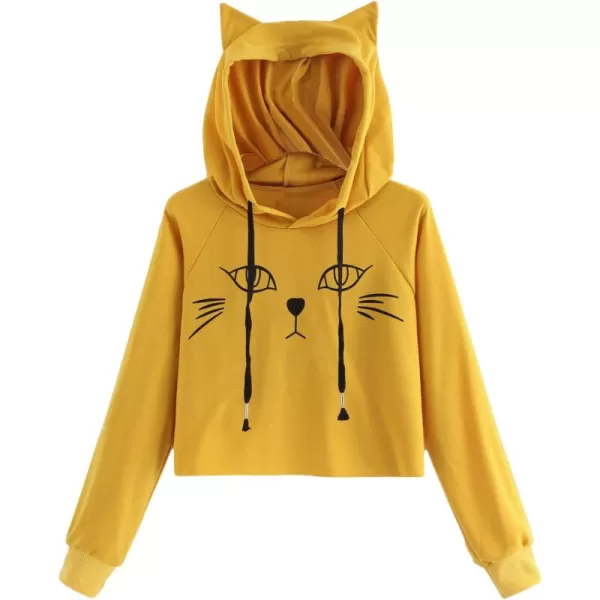 SweatyRocks Women's Long Sleeve Hoodie Crop Top Cat Print Sweatshirt