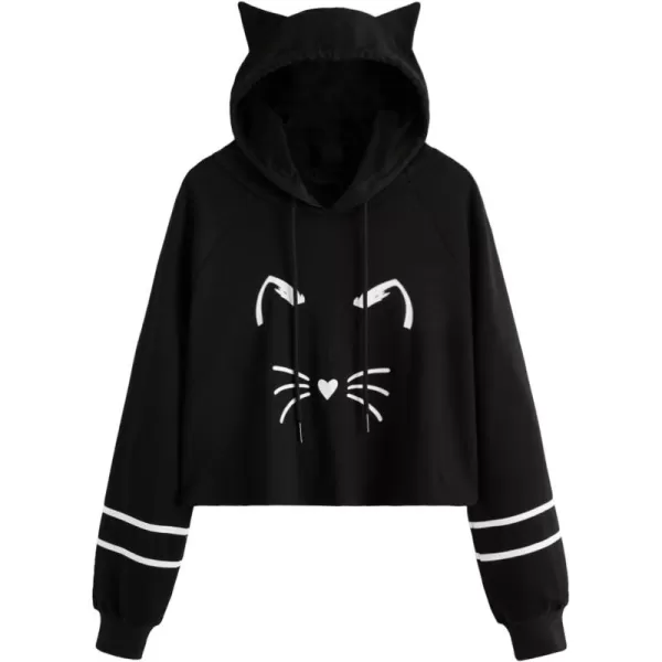 SweatyRocks Women's Long Sleeve Hoodie Crop Top Cat Print Sweatshirt