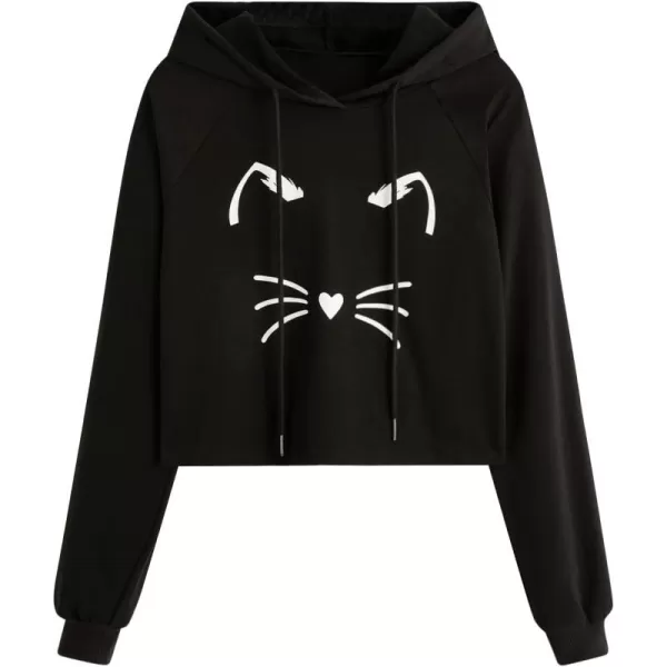 SweatyRocks Women's Long Sleeve Hoodie Crop Top Cat Print Sweatshirt