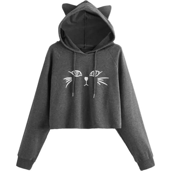 SweatyRocks Women's Long Sleeve Hoodie Crop Top Cat Print Sweatshirt
