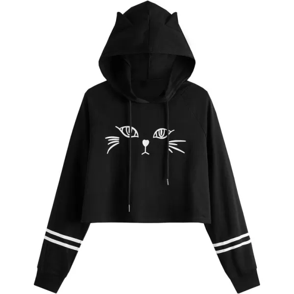 SweatyRocks Women's Long Sleeve Hoodie Crop Top Cat Print Sweatshirt