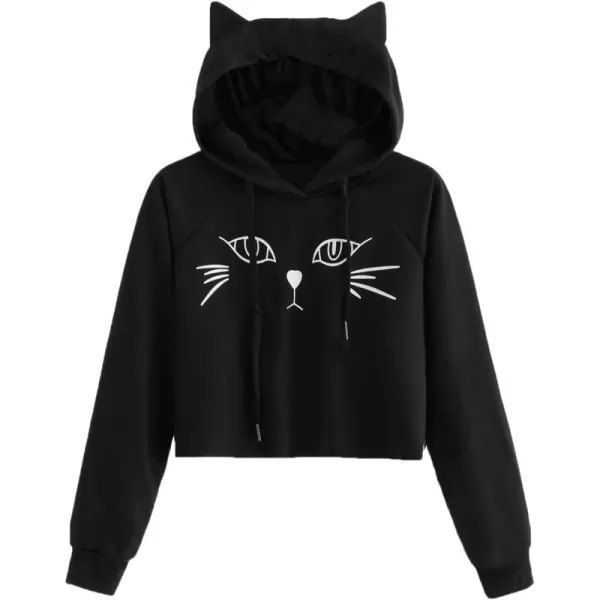 SweatyRocks Women's Long Sleeve Hoodie Crop Top Cat Print Sweatshirt