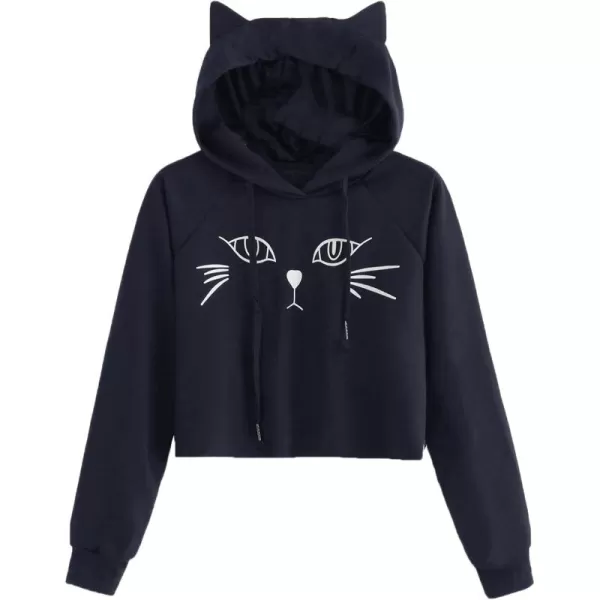 SweatyRocks Women's Long Sleeve Hoodie Crop Top Cat Print Sweatshirt