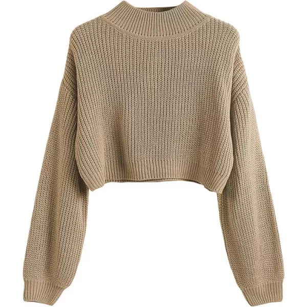 SweatyRocks Women's Long Sleeve Mock Neck Cropped Sweater Drop Shoulder Pullover Sweater Lantern Sleeve Ribbed Knit Crop Top
