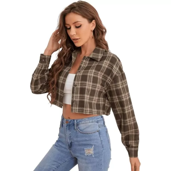 SweatyRocks Women's Long Sleeve Plaid Button Down Collar Crop Blouse Shirt Top
