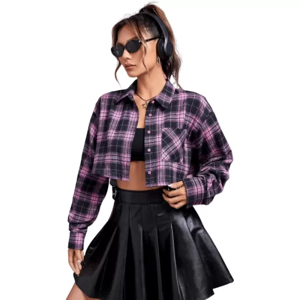 SweatyRocks Women's Long Sleeve Plaid Button Down Collar Crop Blouse Shirt Top