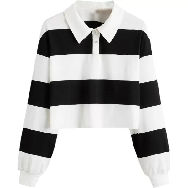 SweatyRocks Women's Long Sleeve T-Shirt Button Front Striped Polo Shirt