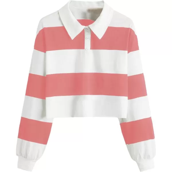 SweatyRocks Women's Long Sleeve T-Shirt Button Front Striped Polo Shirt