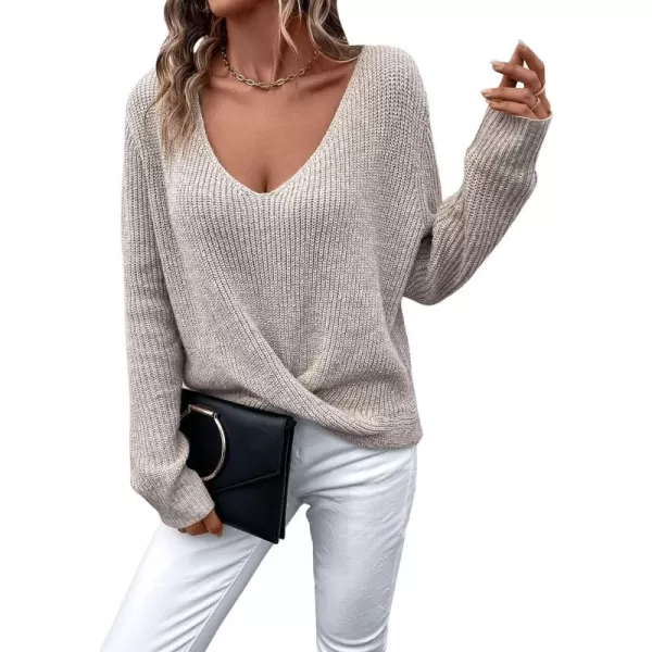 SweatyRocks Women's Long Sleeve Twist Front Sweater V Neck Drop Shoulder Cut Out Back Knitwear