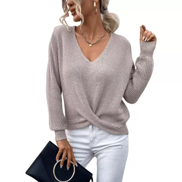 SweatyRocks Women's Long Sleeve Twist Front Sweater V Neck Drop Shoulder Cut Out Back Knitwear