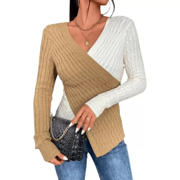 SweatyRocks Women's Long Sleeve V Neck Color Block Sweater Top Split Cable Knit Slim Fit Sweater