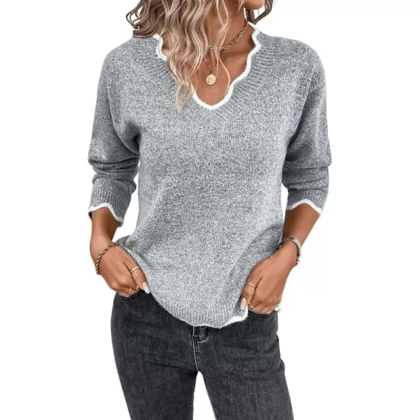 SweatyRocks Women's Long Sleeve V Neck Ribbed Knit Top Scallop Trim Drop Shoulder Pullover Sweater