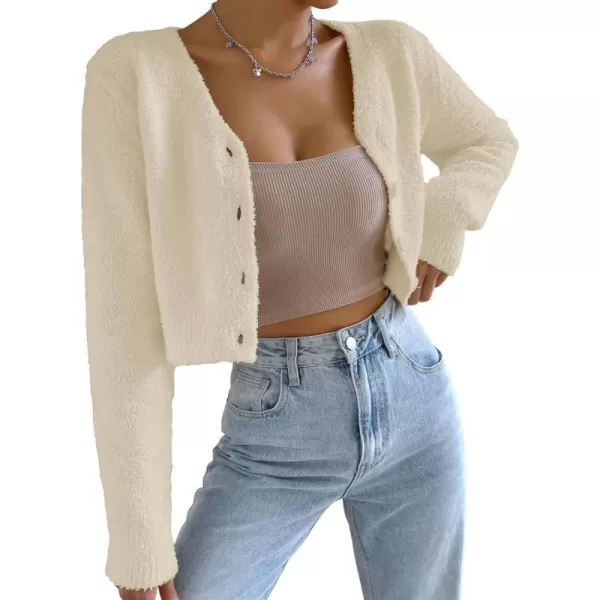 SweatyRocks Women's Long Sleeve V Neck Sweater Crop Top Button Front Fuzzy Knit Cardigan