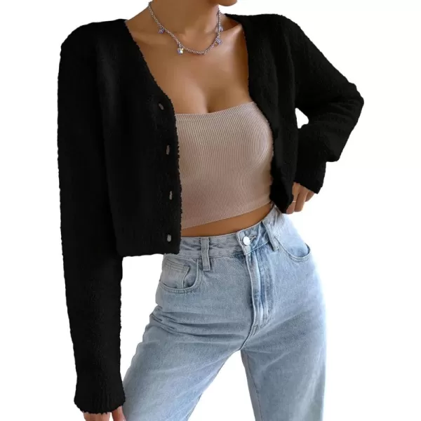 SweatyRocks Women's Long Sleeve V Neck Sweater Crop Top Button Front Fuzzy Knit Cardigan