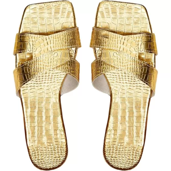 SweatyRocks Women's Metallic Crocodile Pattern Flat Slippers Crisscross Open Toe Slide Sandals