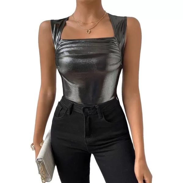 SweatyRocks Women's Metallic Ruched Square Neck Tank Top Sleeveless Slim Fit Party Crop Tank Top