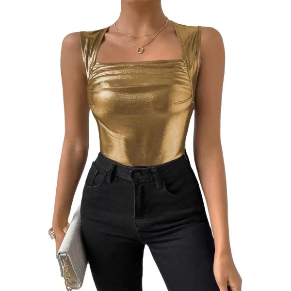SweatyRocks Women's Metallic Ruched Square Neck Tank Top Sleeveless Slim Fit Party Crop Tank Top