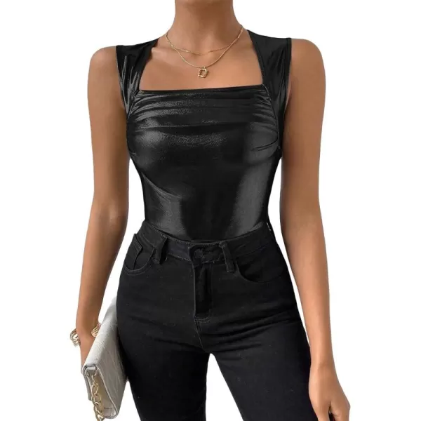 SweatyRocks Women's Metallic Ruched Square Neck Tank Top Sleeveless Slim Fit Party Crop Tank Top