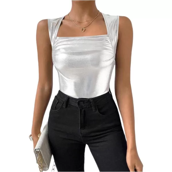 SweatyRocks Women's Metallic Ruched Square Neck Tank Top Sleeveless Slim Fit Party Crop Tank Top