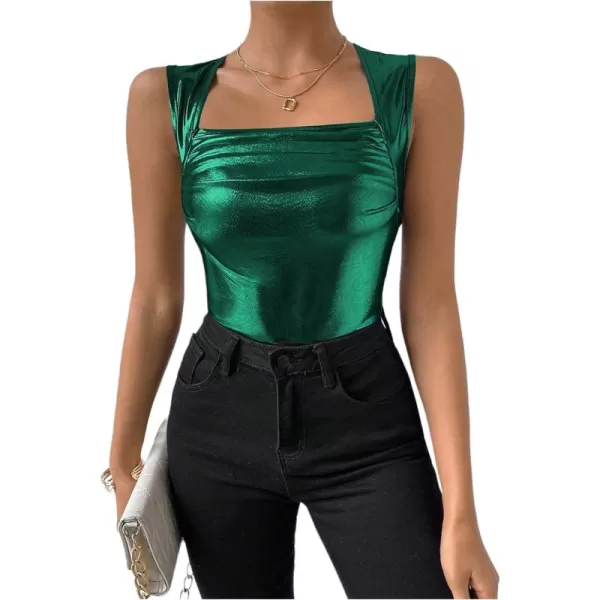 SweatyRocks Women's Metallic Ruched Square Neck Tank Top Sleeveless Slim Fit Party Crop Tank Top