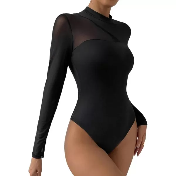 SweatyRocks Women's Mock Neck Leopard Long Sleeve Mesh Bodysuit Leotard