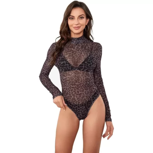 SweatyRocks Women's Mock Neck Leopard Long Sleeve Mesh Bodysuit Leotard