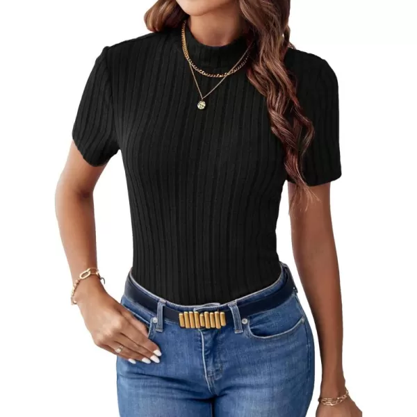 SweatyRocks Women's Mock Neck Short Sleeve Tee Tops Casual Ribbed Knit Slim Fit T Shirts