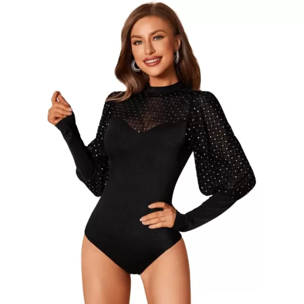 SweatyRocks Women's Mock Turtle Neck Bishop Sleeve Slim fit T Shirt Tops Bodysuit Jumpsuit