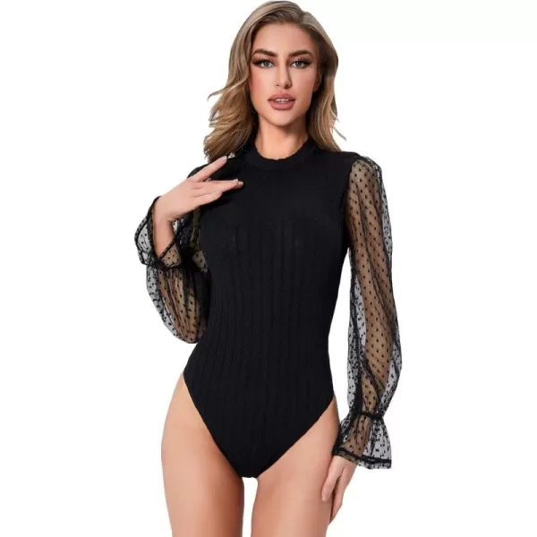 SweatyRocks Women's Mock Turtle Neck Bishop Sleeve Slim fit T Shirt Tops Bodysuit Jumpsuit