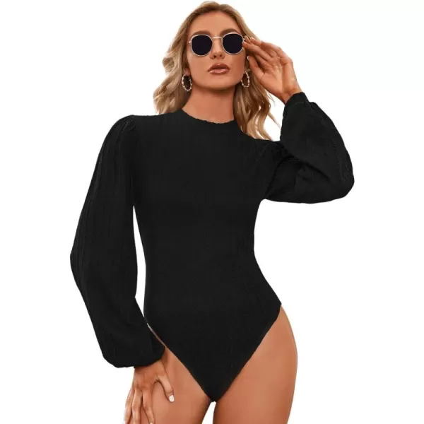 SweatyRocks Women's Mock Turtle Neck Bishop Sleeve Slim fit T Shirt Tops Bodysuit Jumpsuit