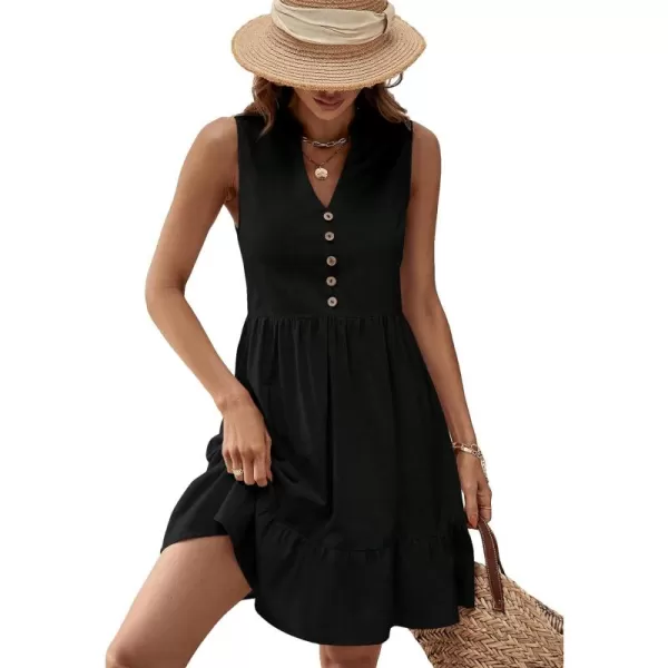SweatyRocks Women's Notched V Neck Knee Length Tank Dress Solid Ruffle Hem Smock Dresses