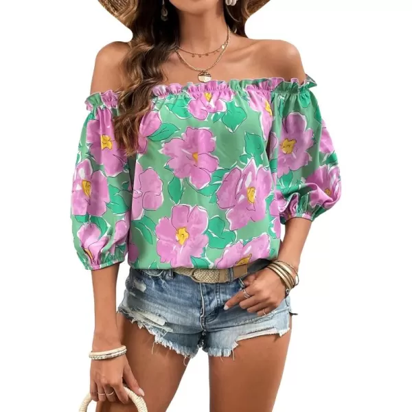 SweatyRocks Women's Off Shoulder Floral Print Boho Blouses Half Sleeve Frill Trim Shirts Top