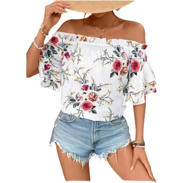 SweatyRocks Women's Off Shoulder Floral Print Boho Blouses Half Sleeve Frill Trim Shirts Top