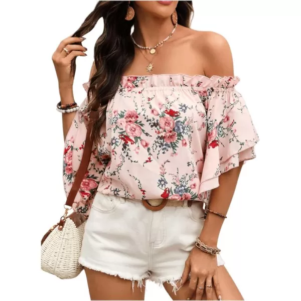 SweatyRocks Women's Off Shoulder Floral Print Boho Blouses Half Sleeve Frill Trim Shirts Top