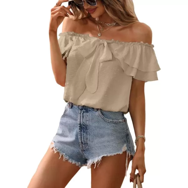 SweatyRocks Women's Off Shoulder Ruffle Trim Knot Front Blouse Tiered Layer Butterfly Short Sleeve Chiffon Tops Summer