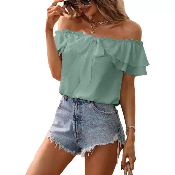 SweatyRocks Women's Off Shoulder Ruffle Trim Knot Front Blouse Tiered Layer Butterfly Short Sleeve Chiffon Tops Summer